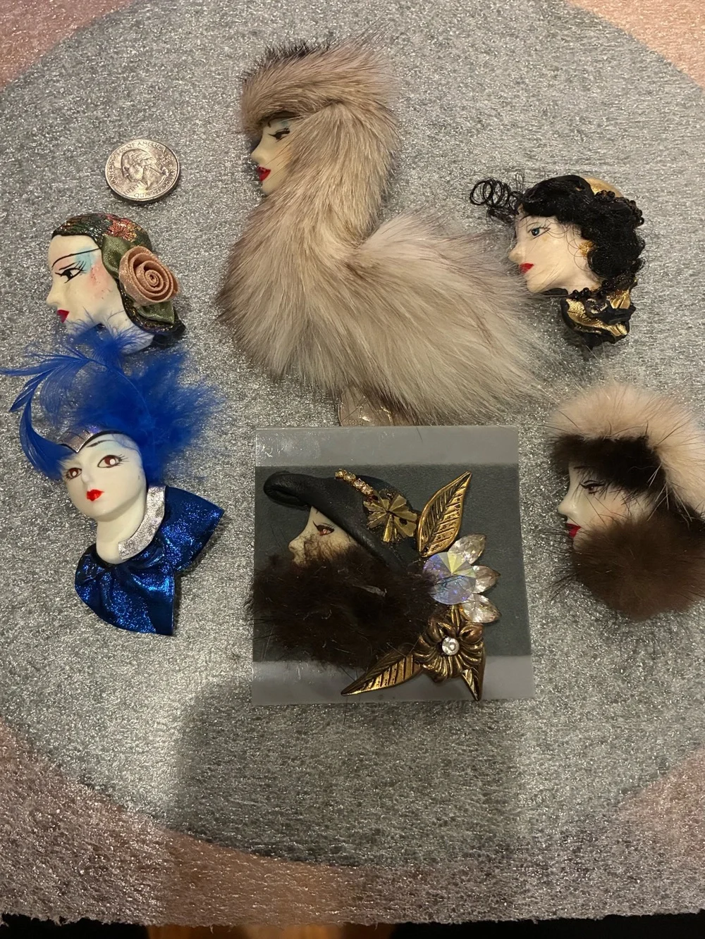 Vintage-Inspired Women's Fur & Porcelain Face Brooch - Brown, Blue, Cream